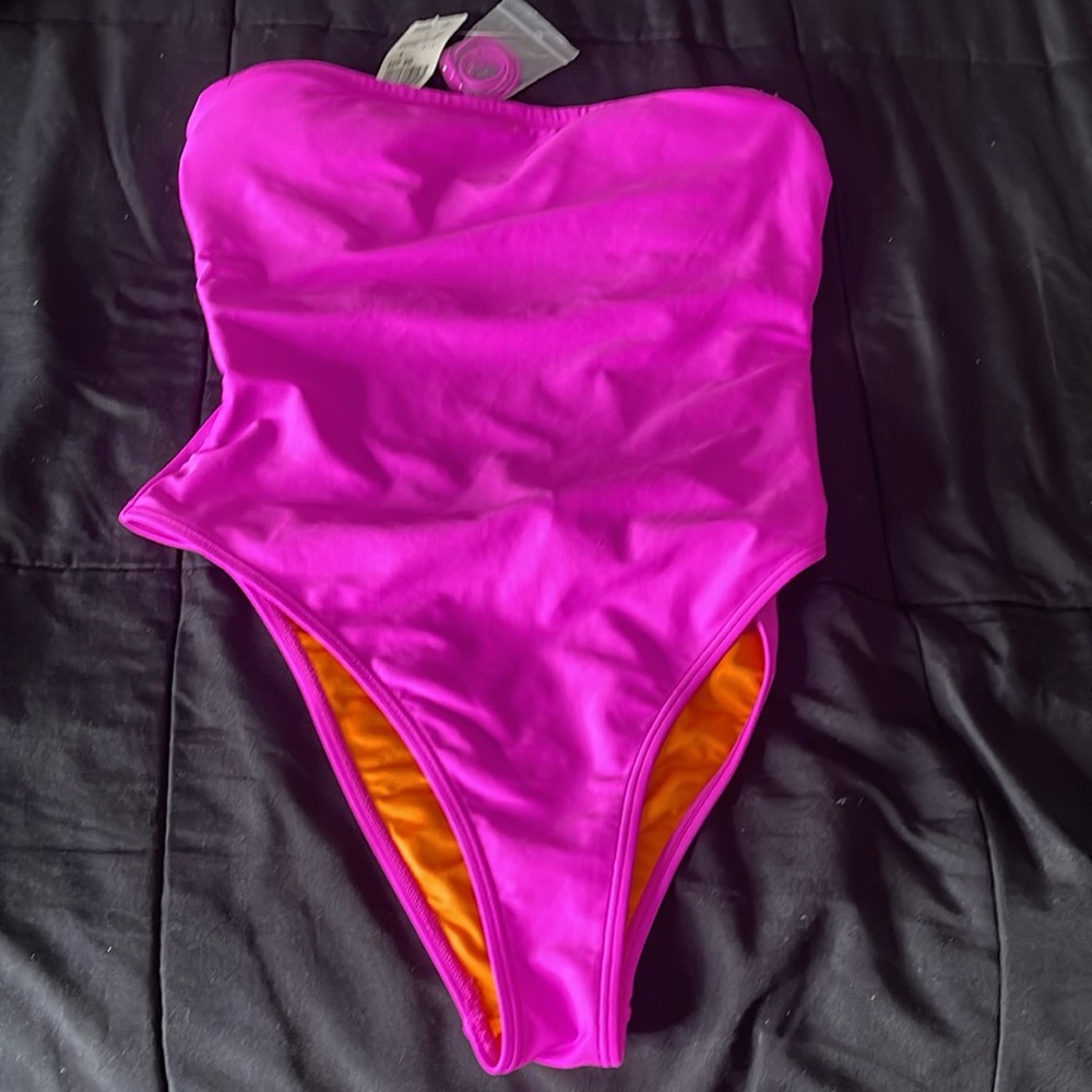 Women’s S Bathing Suit Pink/Orange Tube Top Back Clasp Close Breast Pads Straps